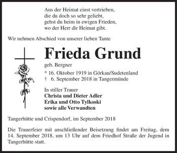 Traueranzeige von Frieda Grund (geb. Bergner)  von Magdeburger Volksstimme