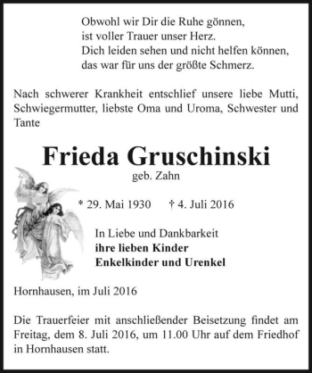 Traueranzeige von Frieda Gruschinski (geb. Zahn)  von Magdeburger Volksstimme