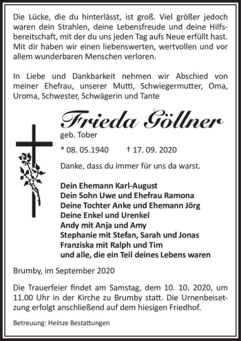 Traueranzeige von Frieda Göllner (geb. Tober)  von Magdeburger Volksstimme