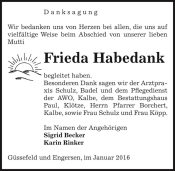 Traueranzeige von Frieda Habedank  von Magdeburger Volksstimme