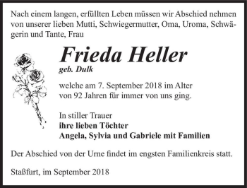 Traueranzeige von Frieda Heller (geb. Dulk)  von Magdeburger Volksstimme