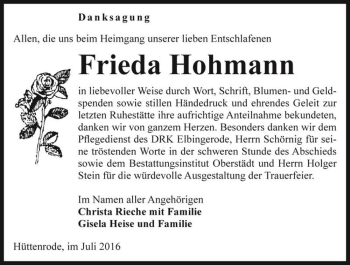 Traueranzeige von Frieda Hohmann  von Magdeburger Volksstimme
