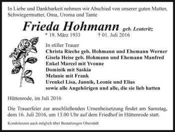 Traueranzeige von Frieda Hohmann (geb. Leuteritz)  von Magdeburger Volksstimme