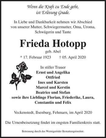 Traueranzeige von Frieda Hotopp (geb. Abel)  von Magdeburger Volksstimme