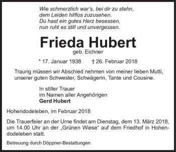 Traueranzeige von Frieda Hubert (geb. Eichner)  von Magdeburger Volksstimme