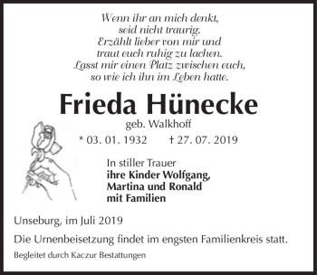 Traueranzeige von Frieda Hünecke (geb. Walkhoff)  von Magdeburger Volksstimme