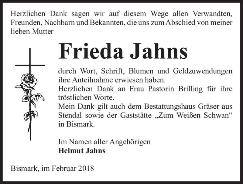  Traueranzeige für Frieda Jahns  vom 23.02.2018 aus Magdeburger Volksstimme