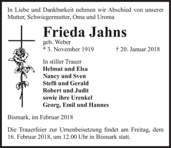 Traueranzeige von Frieda Jahns (geb. Weber)  von Magdeburger Volksstimme