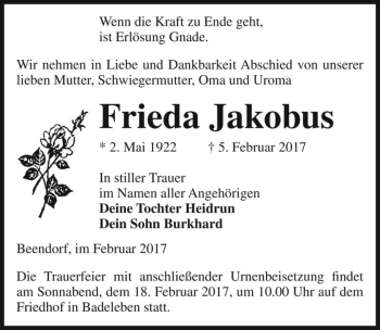 Traueranzeige von Frieda Jakobus  von Magdeburger Volksstimme