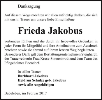 Traueranzeige von Frieda Jakobus  von Magdeburger Volksstimme