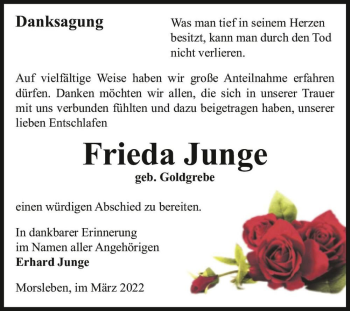 Traueranzeige von Frieda Junge (geb. Goldgrebe)  von Magdeburger Volksstimme