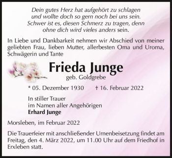 Traueranzeige von Frieda Junge (geb. Goldgrebe)  von Magdeburger Volksstimme