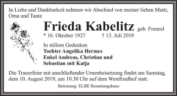 Traueranzeige von Frieda Kabelitz (geb. Frenzel)  von Magdeburger Volksstimme