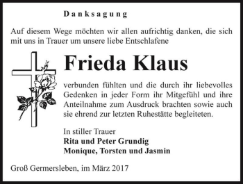 Traueranzeige von Frieda Klaus  von Magdeburger Volksstimme