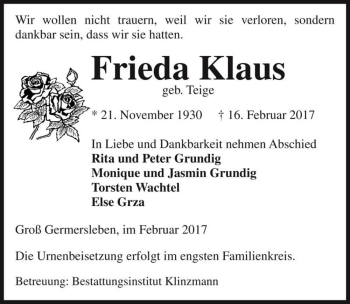 Traueranzeige von Frieda Klaus (geb. Teige)  von Magdeburger Volksstimme