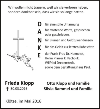 Traueranzeige von Frieda Klopp  von Magdeburger Volksstimme