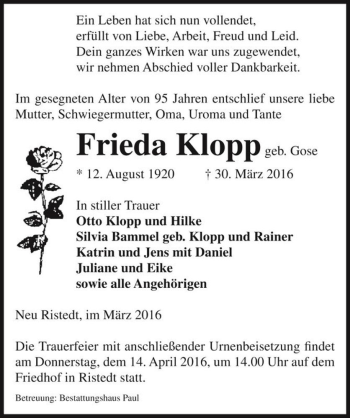Traueranzeige von Frieda Klopp (geb. Gose)  von Magdeburger Volksstimme
