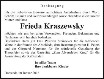 Traueranzeige von Frieda Kraszewsky  von Magdeburger Volksstimme