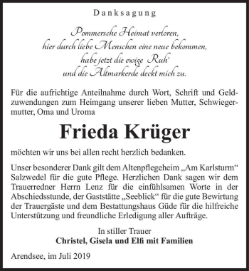 Traueranzeige von Frieda Krüger  von Magdeburger Volksstimme