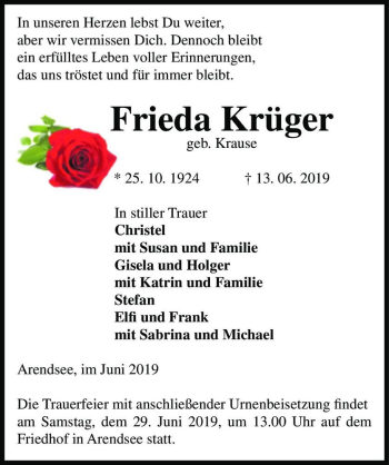 Traueranzeige von Frieda Krüger (geb. Krause)  von Magdeburger Volksstimme