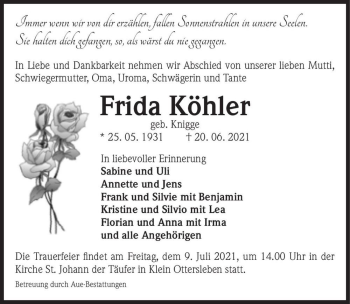 Traueranzeige von Frieda Köhler (geb. Knigge)  von Magdeburger Volksstimme