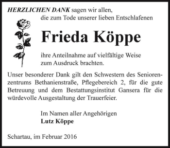 Traueranzeige von Frieda Köppe  von Magdeburger Volksstimme