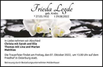 Traueranzeige von Frieda Legde (geb. Krebs)  von Magdeburger Volksstimme
