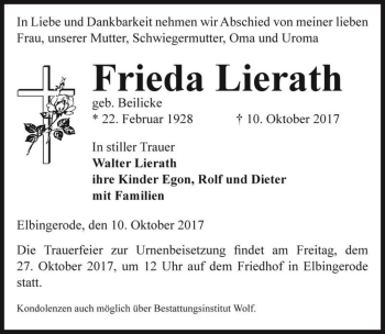 Traueranzeige von Frieda Lierath (geb. Beilicke)  von Magdeburger Volksstimme