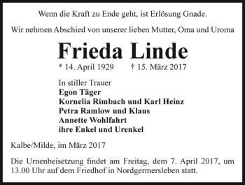 Traueranzeige von Frieda Linde  von Magdeburger Volksstimme