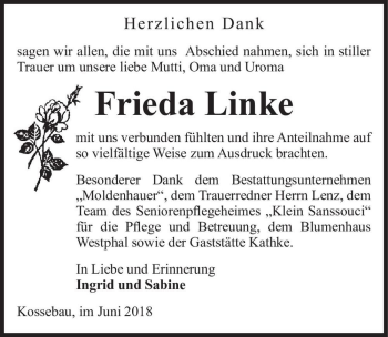 Traueranzeige von Frieda Linke  von Magdeburger Volksstimme