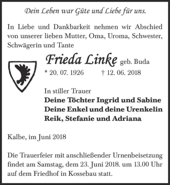 Traueranzeige von Frieda Linke (geb. Buda)  von Magdeburger Volksstimme