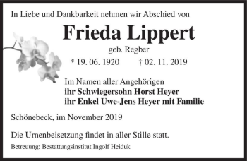 Traueranzeige von Frieda Lippert (geb. Regber)  von Magdeburger Volksstimme