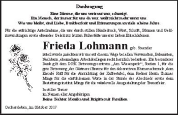 Traueranzeige von Frieda Lohmann (geb. Staender)  von Magdeburger Volksstimme
