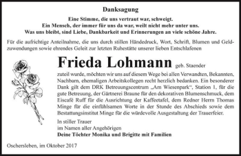Traueranzeige von Frieda Lohmann (geb. Staender)  von Magdeburger Volksstimme
