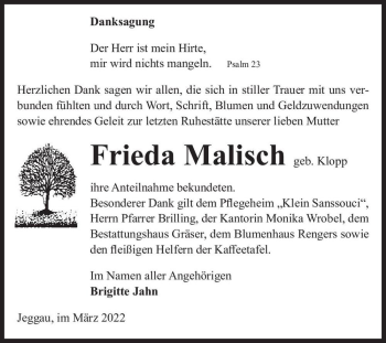 Traueranzeige von Frieda Malisch (geb. Klopp)  von Magdeburger Volksstimme