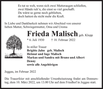 Traueranzeige von Frieda Malisch (geb. Klopp)  von Magdeburger Volksstimme