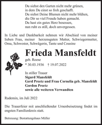 Traueranzeige von Frieda Mansfeldt (geb. Roese)  von Magdeburger Volksstimme