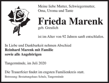 Traueranzeige von Frieda Marenk (geb. Greulich)  von Magdeburger Volksstimme