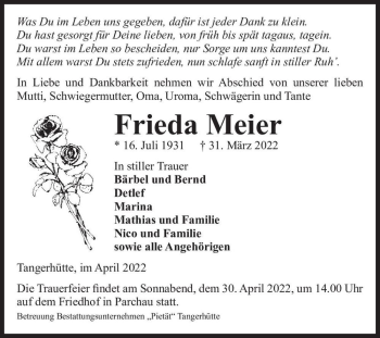 Traueranzeige von Frieda Meier  von Magdeburger Volksstimme