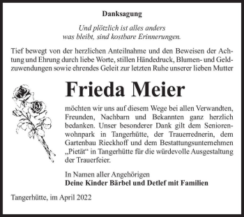 Traueranzeige von Frieda Meier  von Magdeburger Volksstimme