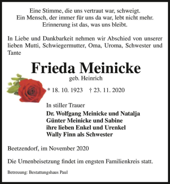 Traueranzeige von Frieda Meinicke (geb. Heinrich)  von Magdeburger Volksstimme
