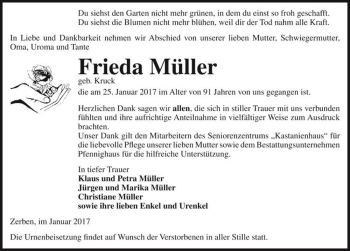 Traueranzeige von Frieda Müller (geb. Kruck)  von Magdeburger Volksstimme