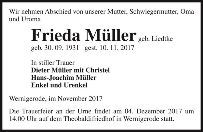  Traueranzeige für Frieda Müller (geb. Liedtke)  vom 17.11.2017 aus Magdeburger Volksstimme