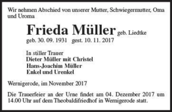 Traueranzeige von Frieda Müller (geb. Liedtke)  von Magdeburger Volksstimme