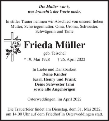 Traueranzeige von Frieda Müller (geb. Teischel)  von Magdeburger Volksstimme