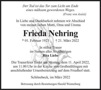 Traueranzeige von Frieda Nehring  von Magdeburger Volksstimme