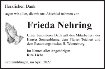 Traueranzeige von Frieda Nehring  von Magdeburger Volksstimme