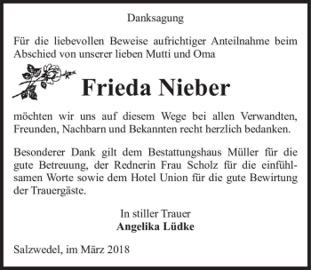 Traueranzeige von Frieda Nieber  von Magdeburger Volksstimme
