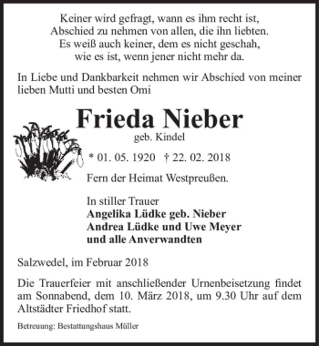 Traueranzeige von Frieda Nieber (geb. Kindel)  von Magdeburger Volksstimme