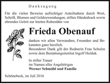 Traueranzeige von Frieda Obenauf  von Magdeburger Volksstimme